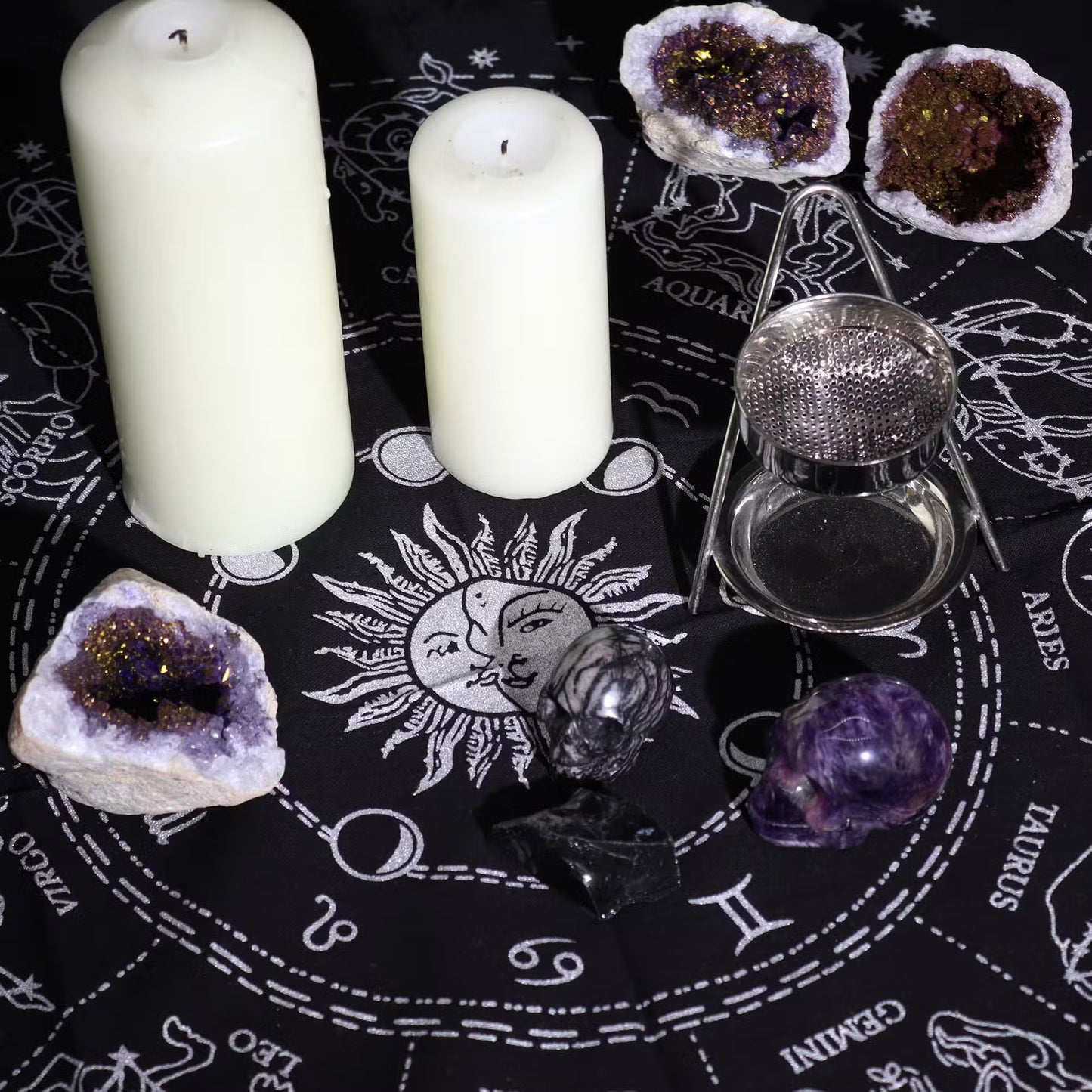 Esoteric Fringed Altar Cloth – Sacred Symbols for Ritual Spaces