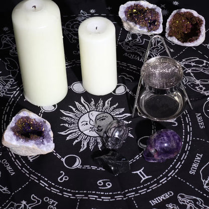 Esoteric Fringed Altar Cloth – Sacred Symbols for Ritual Spaces