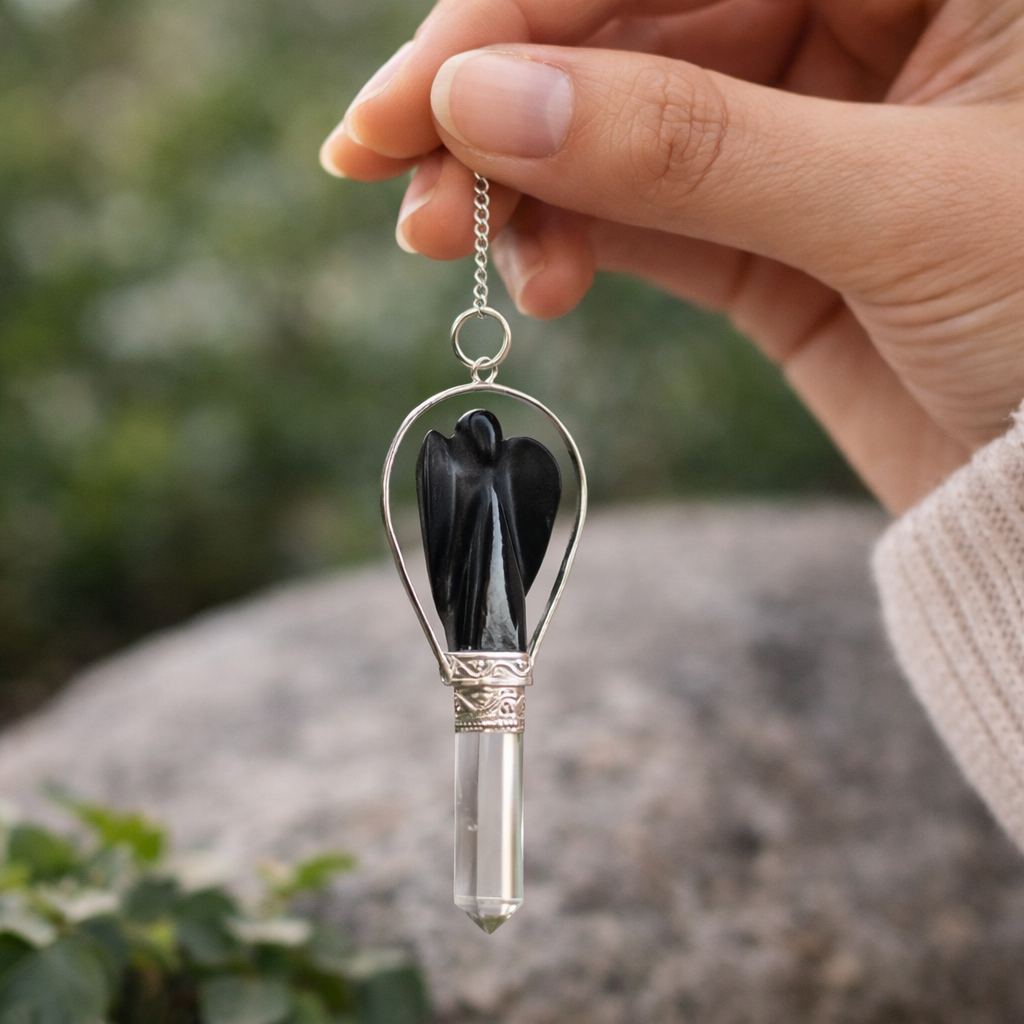 Angel Pendulum with Ring – Black Agate, Yellow Quartz & More