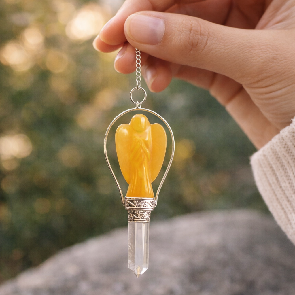 Angel Pendulum with Ring – Black Agate, Yellow Quartz & More